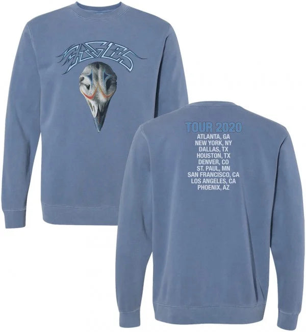 crewneck sweatshirt-slate blue-front eagles logo with animal skull-back tour 2020 tour cities 