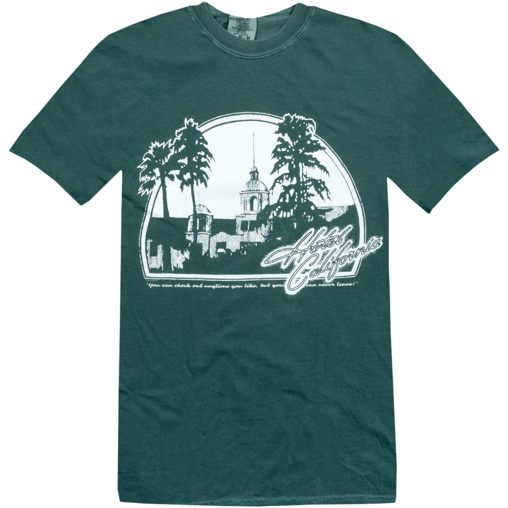 tee-forest green-front palm trees and  hotel building-back hotel california