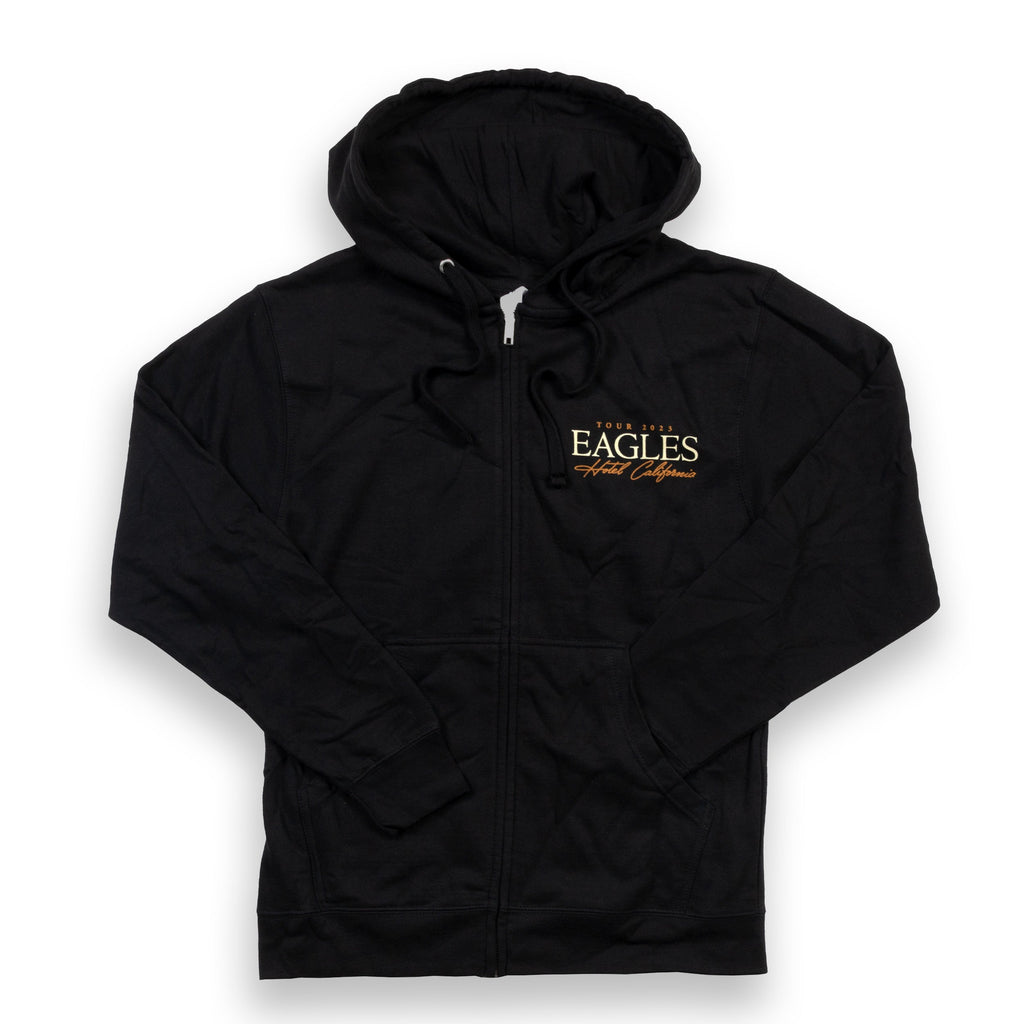 zip up hoodie-black-front tour 2023 eagles hotel california-back hotel california building tour 2023