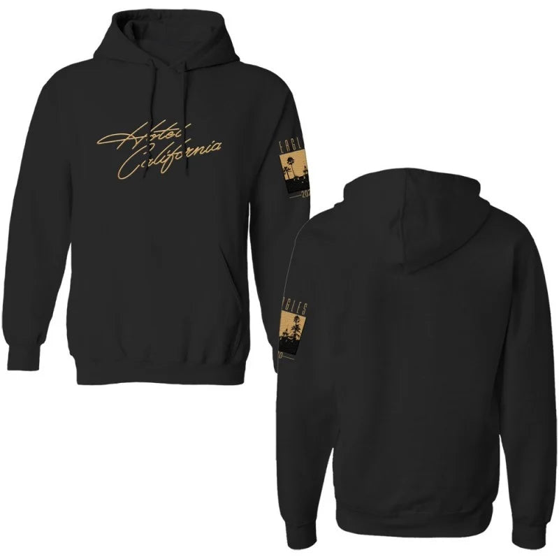 hoodie-black-front cursive hotel california-sleeve hotel california building with palm trees 2020